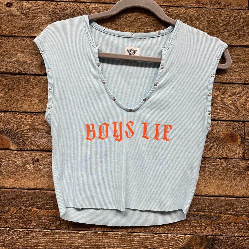 Boys Lie Light Blue Crop Top with Orange Lettering - Picture 2 of 7